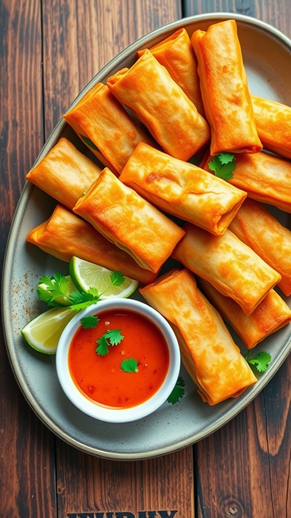 Crispy vegetable spring rolls on a platter with sweet chili sauce and garnished with cilantro and lime.